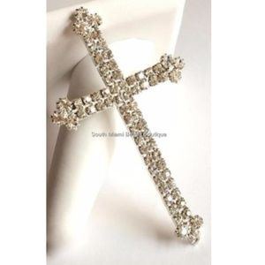 BIG Silver Crystal Christian Cross Trefoil Vintage